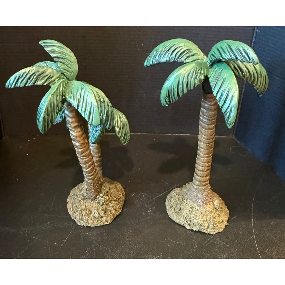 Palm Tree Figurines Green Brown Resin Tropical Home Decor Set of 2